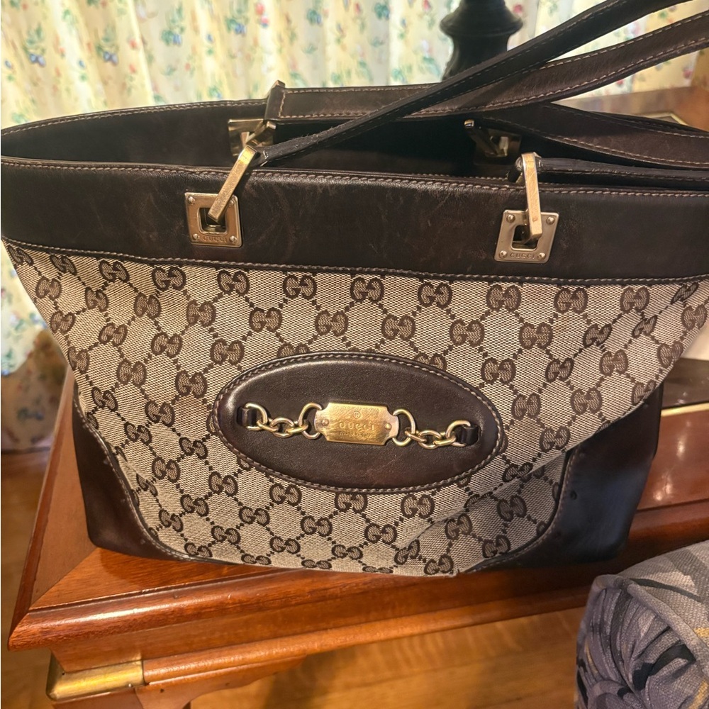 Vintage Genuine Gucci tote , iconic monogram Tan / Brown canvas and leather. - Picture 3 of 14